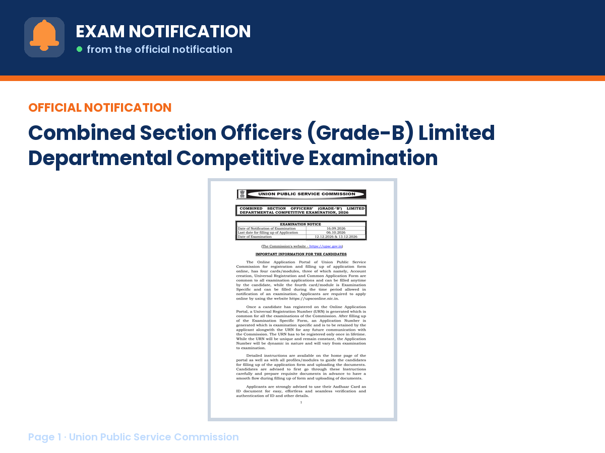 First page of the official Union Public Service Commission notification for Combined Section Officers (Grade-B) Limited Departmental Competitive Examination Recruitment 2026, the document this page was written from
