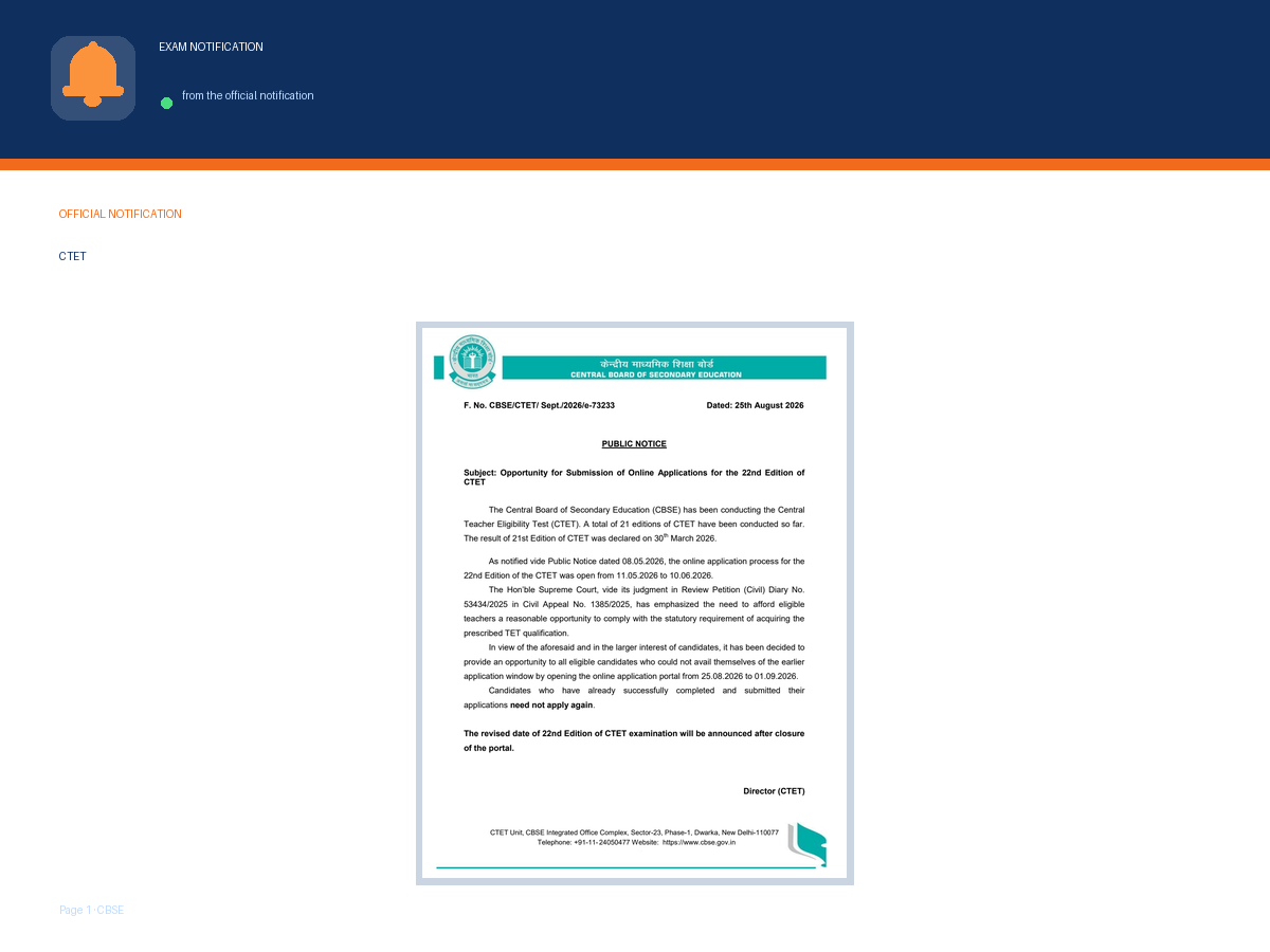 First page of the official CBSE notification for CTET 22nd Edition Application Window Reopens 2026 – Apply Now, the document this page was written from