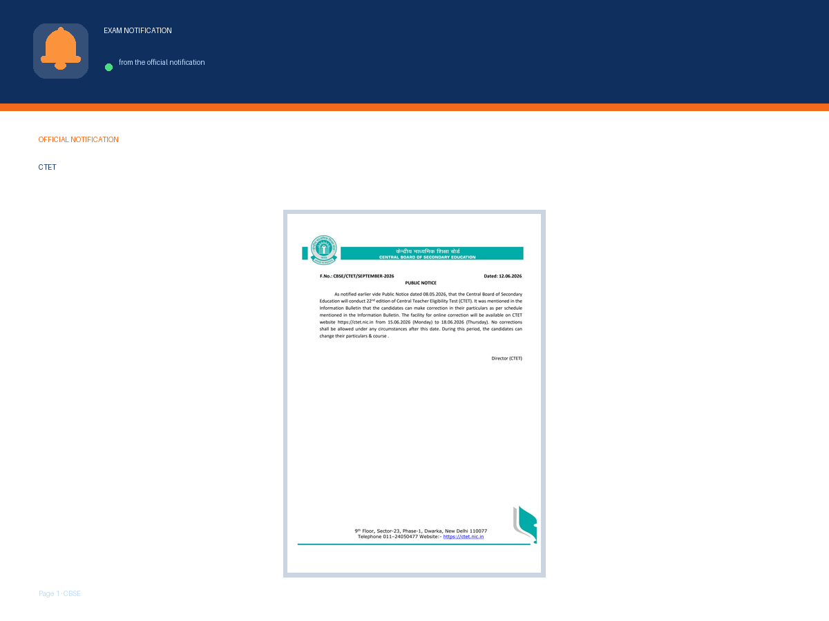 First page of the official CBSE notification for CTET September 2026 Correction Window Open: Edit Your Details by 18 June, the document this page was written from
