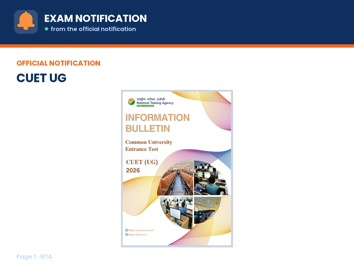 First page of the official NTA notification for CUET UG 2026 Information Bulletin: Exam Dates, Fee, Syllabus and Eligibility, the document this page was written from