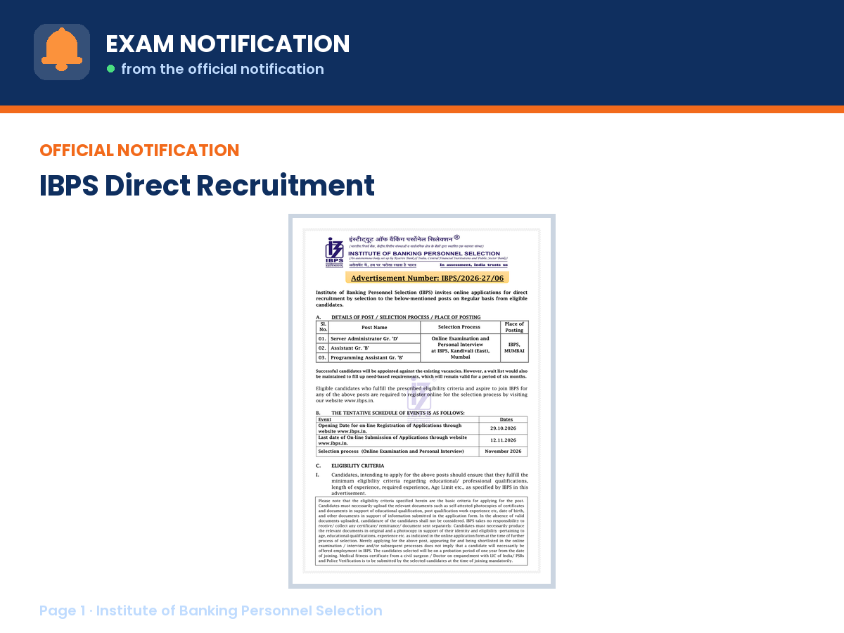 First page of the official Institute of Banking Personnel Selection notification for IBPS Direct Recruitment 2026, the document this page was written from