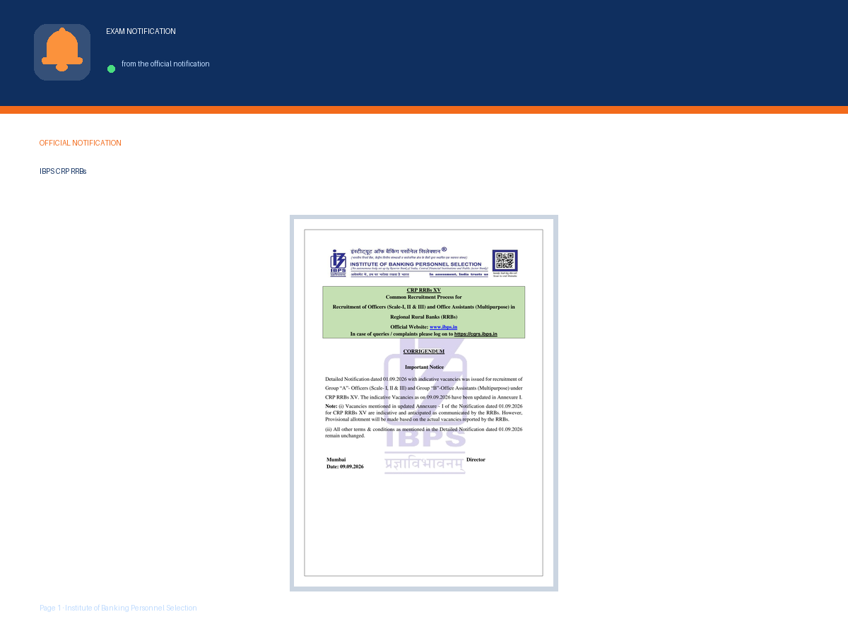 First page of the official Institute of Banking Personnel Selection notification for IBPS CRP RRBs Recruitment 2026, the document this page was written from