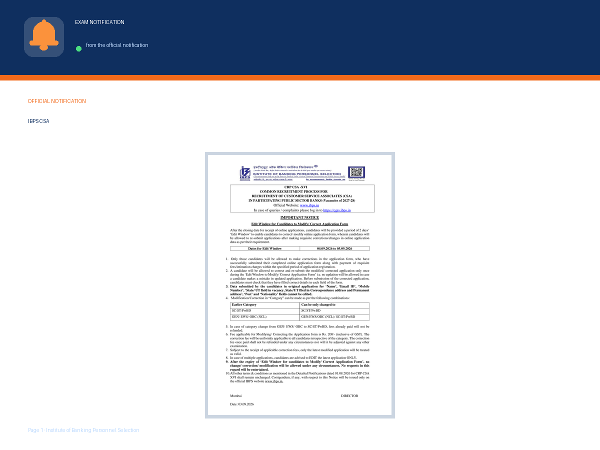 First page of the official Institute of Banking Personnel Selection notification for IBPS CSA XVI Edit Window 2026: Modify Application Form 4-5 September, the document this page was written from