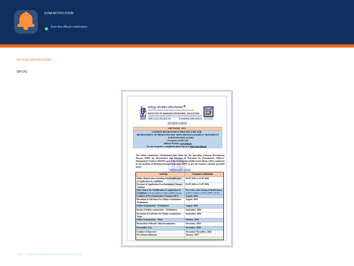 First page of the official Institute of Banking Personnel Selection notification for IBPS PO XVI Recruitment 2026 Apply Online for Probationary Officer Posts, the document this page was written from