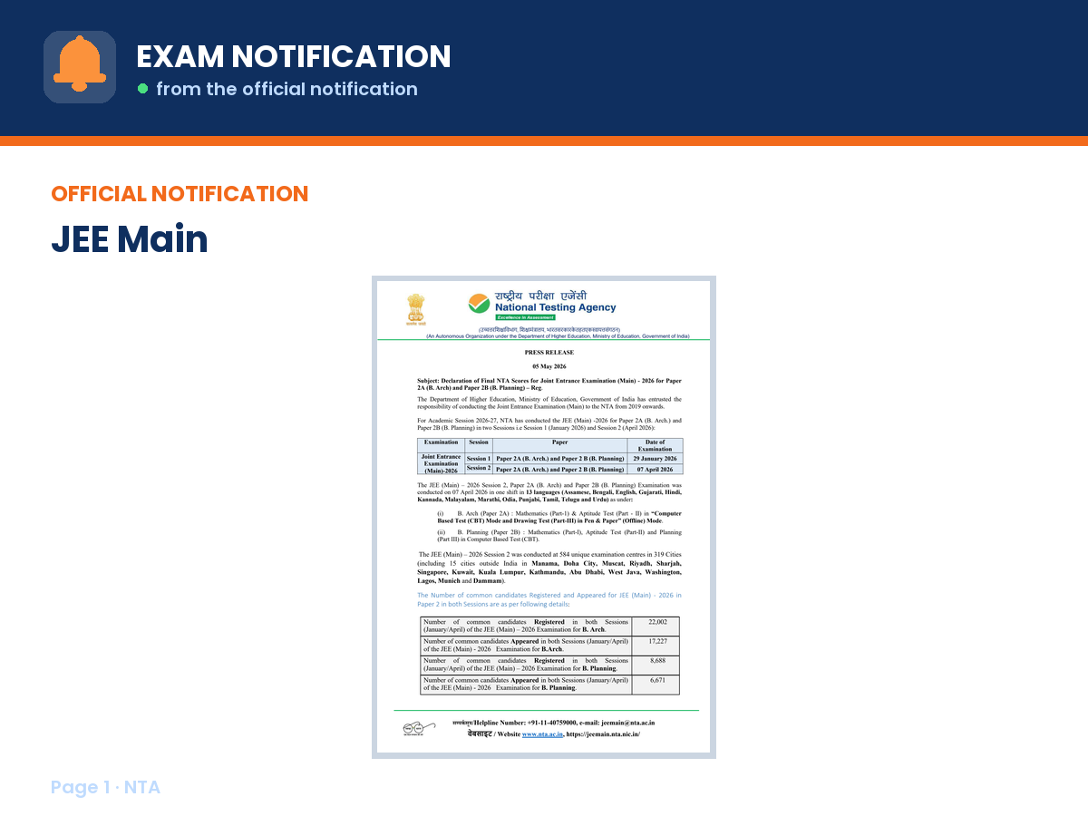 First page of the official NTA notification for JEE Main 2026 Results Declared, the document this page was written from