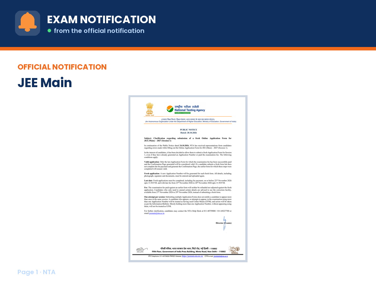 First page of the official NTA notification for JEE (Main) 2027 Session 1 – Fresh Application Submission, the document this page was written from