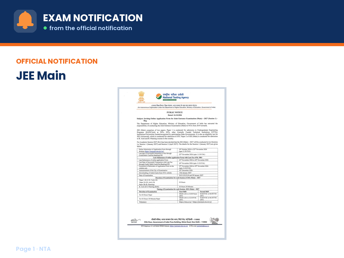 First page of the official NTA notification for JEE (Main) 2027 Session 1 Recruitment, the document this page was written from