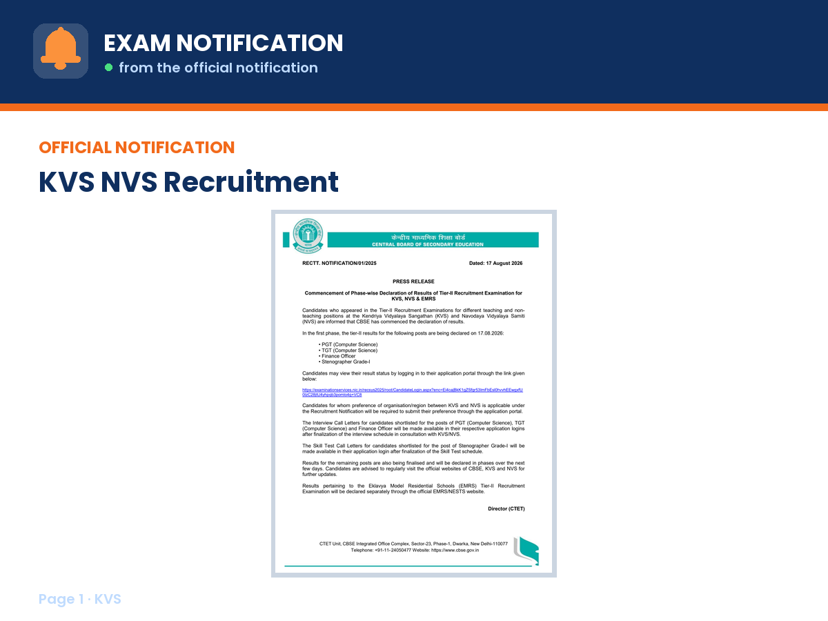 First page of the official KVS notification for KVS NVS Result 2026, the document this page was written from