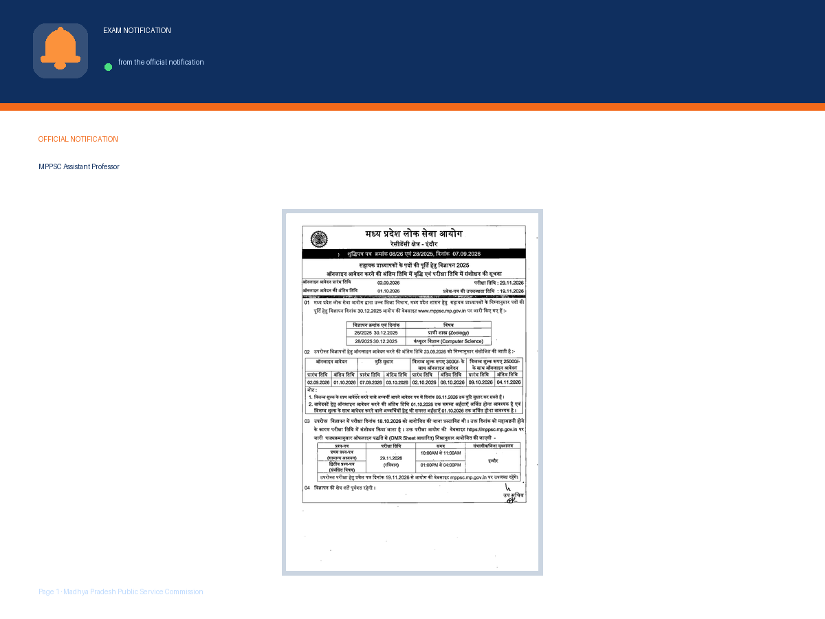First page of the official Madhya Pradesh Public Service Commission notification for MPPSC Assistant Professor Recruitment 2025 – Application Deadline Extended, Exam Date Changed, the document this page was written from