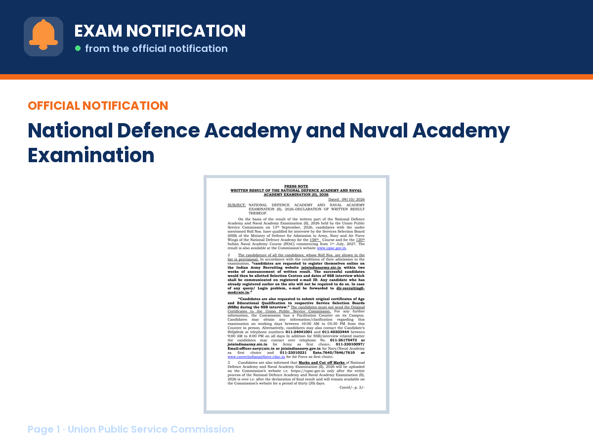 First page of the official Union Public Service Commission notification for National Defence Academy and Naval Academy Examination Result 2026, the document this page was written from