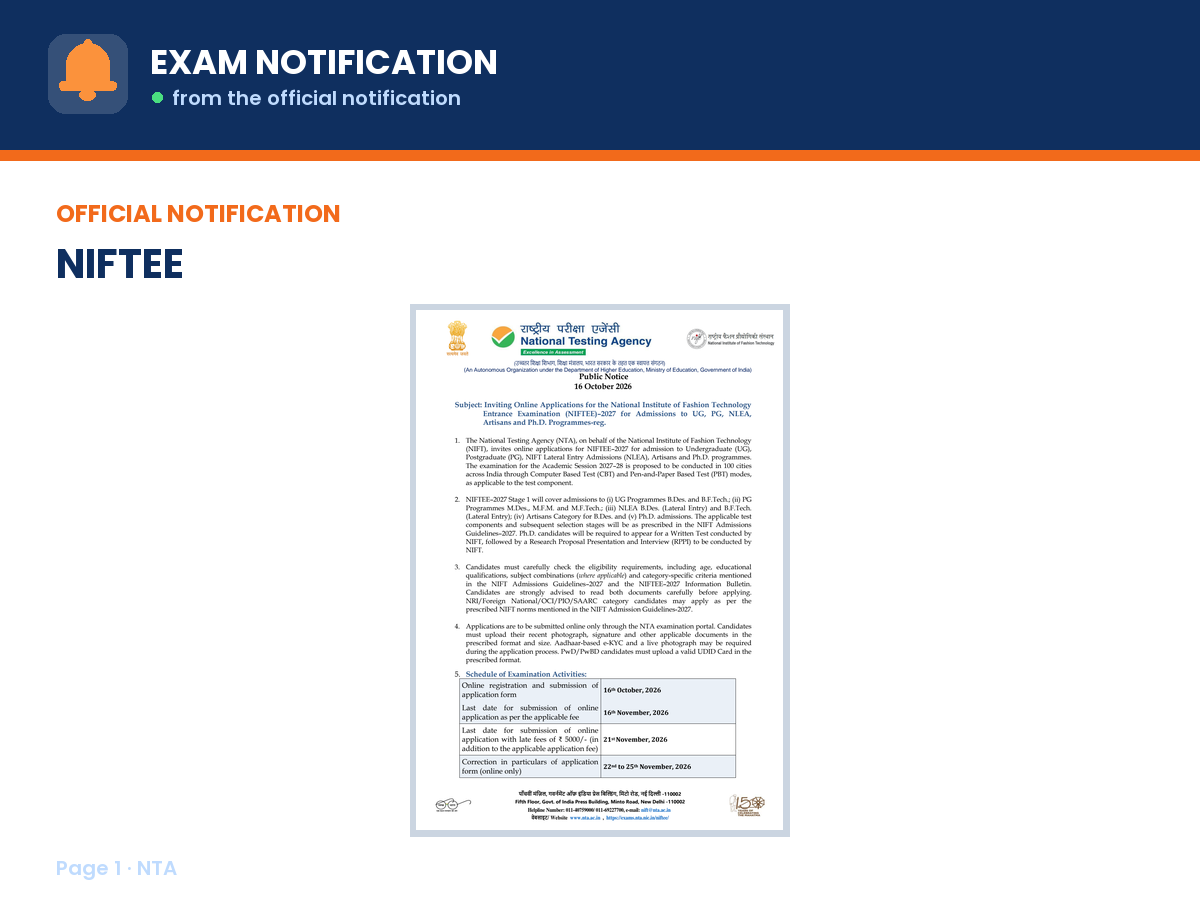 First page of the official NTA notification for NIFTEE 2027, the document this page was written from