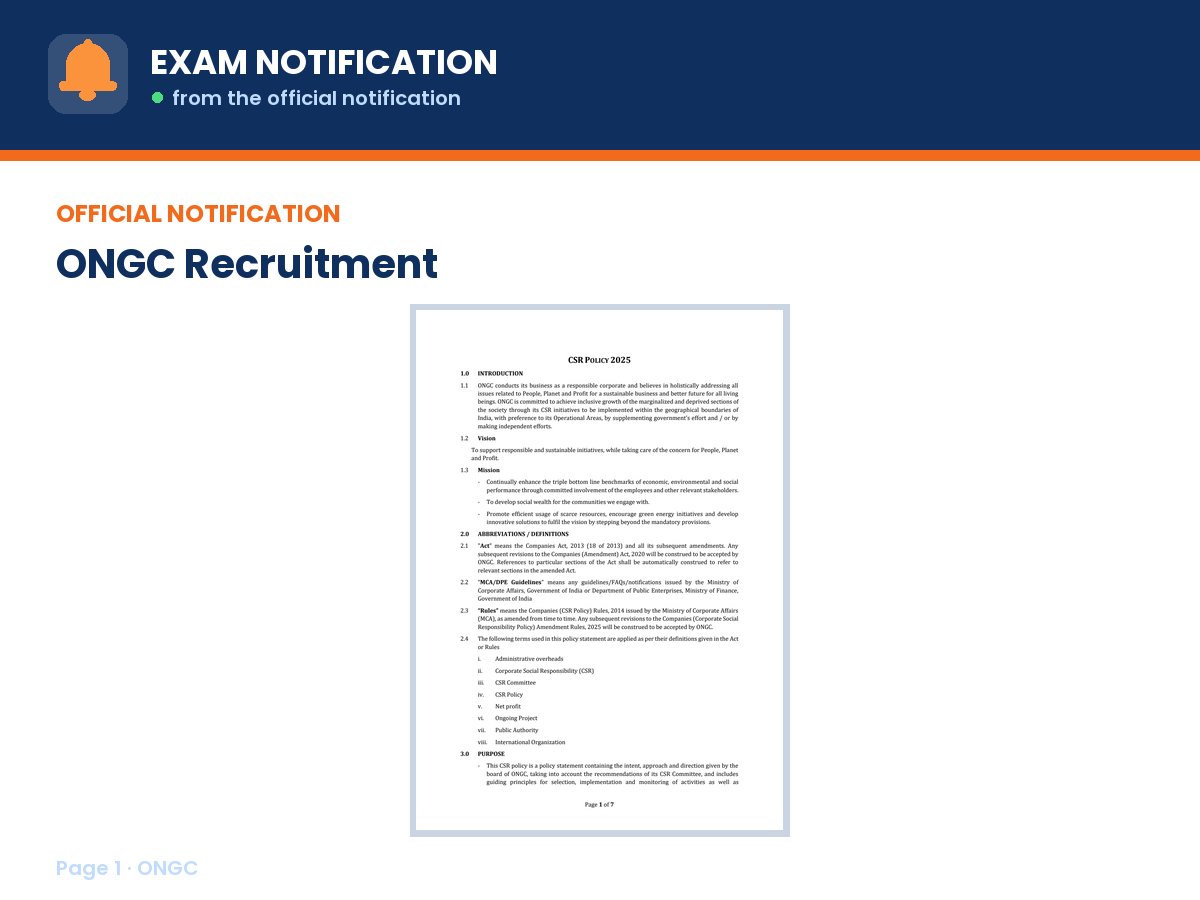 First page of the official ONGC notification for ONGC CSR Policy 2025, the document this page was written from