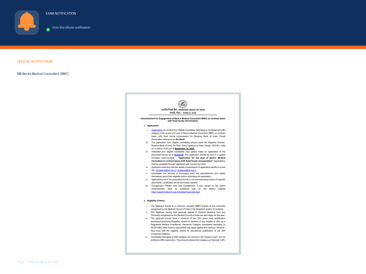 First page of the official Reserve Bank of India notification for RBI Bank's Medical Consultant (BMC) Recruitment 2026 – Apply for 1 Post in Panaji, Goa, the document this page was written from