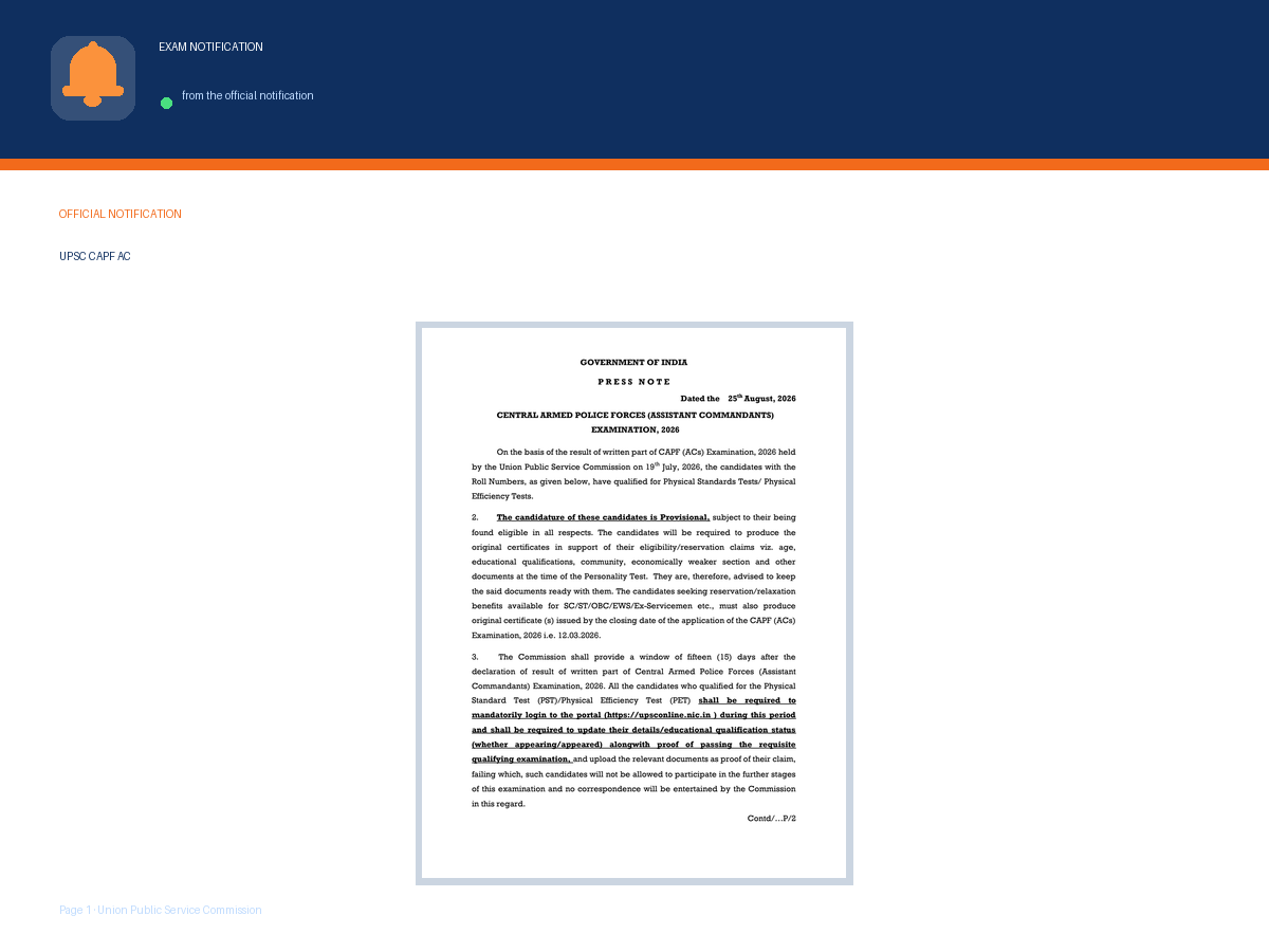 First page of the official Union Public Service Commission notification for CAPF Assistant Commandants Written Result 2026 Declared by UPSC, the document this page was written from
