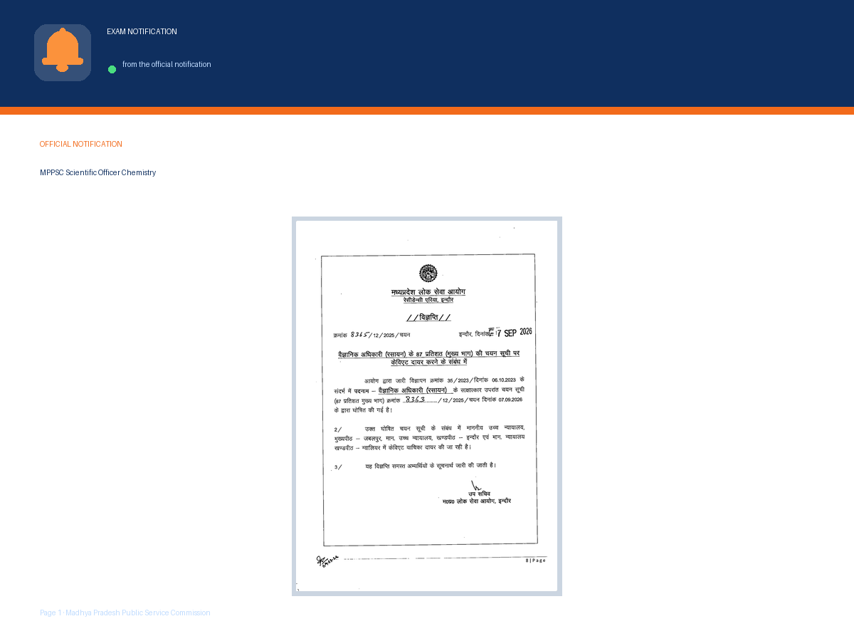 First page of the official Madhya Pradesh Public Service Commission notification for MPPSC Scientific Officer Chemistry 2023 Selection List Caveat Vigyapti Released, the document this page was written from