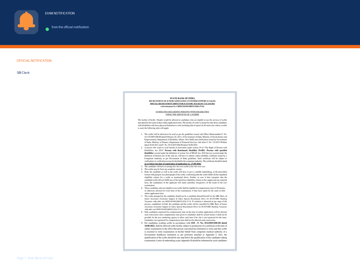 First page of the official State Bank of India notification for SBI Junior Associates Scribe Guidelines 2026-27: Eligibility, Rules & Declaration, the document this page was written from