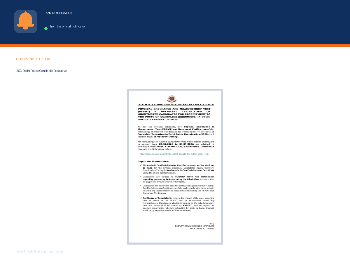 First page of the official Staff Selection Commission notification for SSC Delhi Police Constable Executive PE&MT Admit Card 2026 – Download Fresh Certificate, the document this page was written from