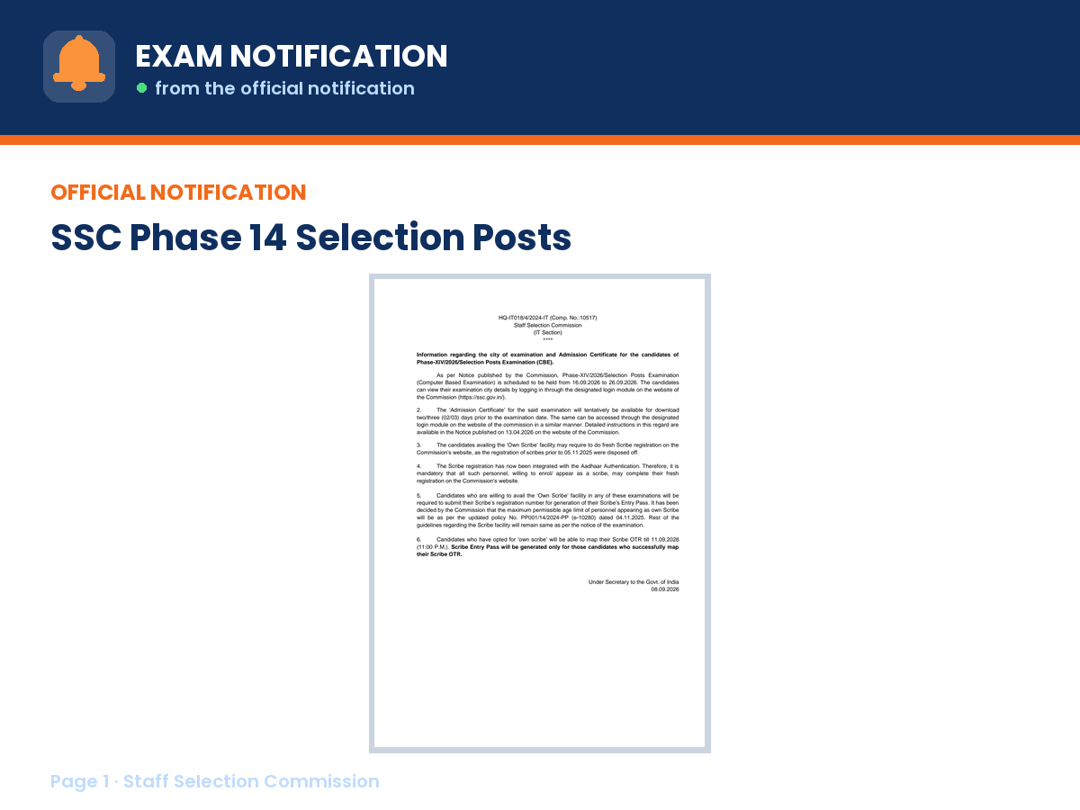 First page of the official Staff Selection Commission notification for SSC Phase 14 Selection Posts Admit Card 2026, the document this page was written from