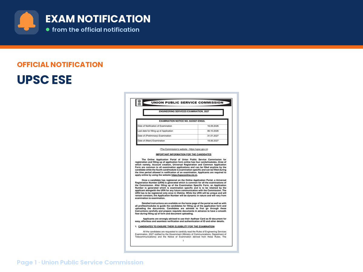 First page of the official Union Public Service Commission notification for Engineering Services Examination 2027, the document this page was written from