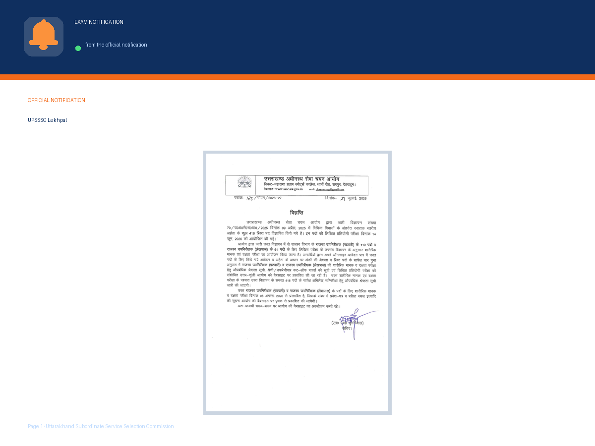 First page of the official Uttarakhand Subordinate Service Selection Commission notification for Uttarakhand Patwari/Lekhpal Physical Test 2025 – Merit List Released, the document this page was written from