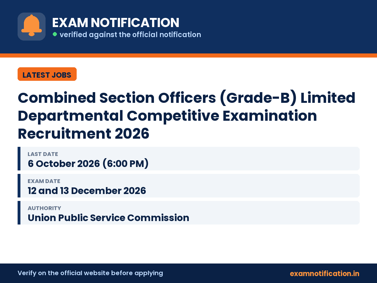 Combined Section Officers (Grade-B) Limited Departmental Competitive Examination Recruitment 2026 — key facts: last date 6 October 2026 (6:00 PM)