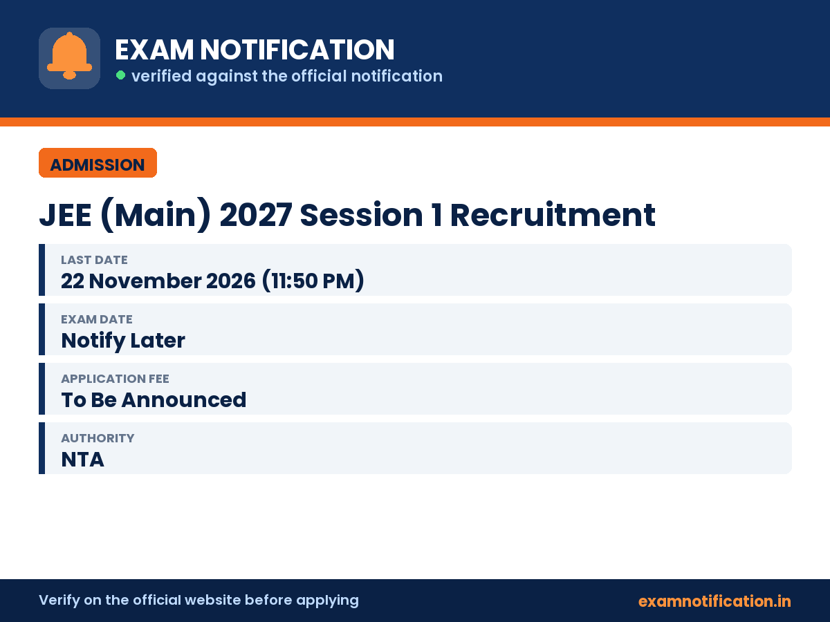 JEE (Main) 2027 Session 1 Recruitment — key facts: last date 22 November 2026 (11:50 PM)