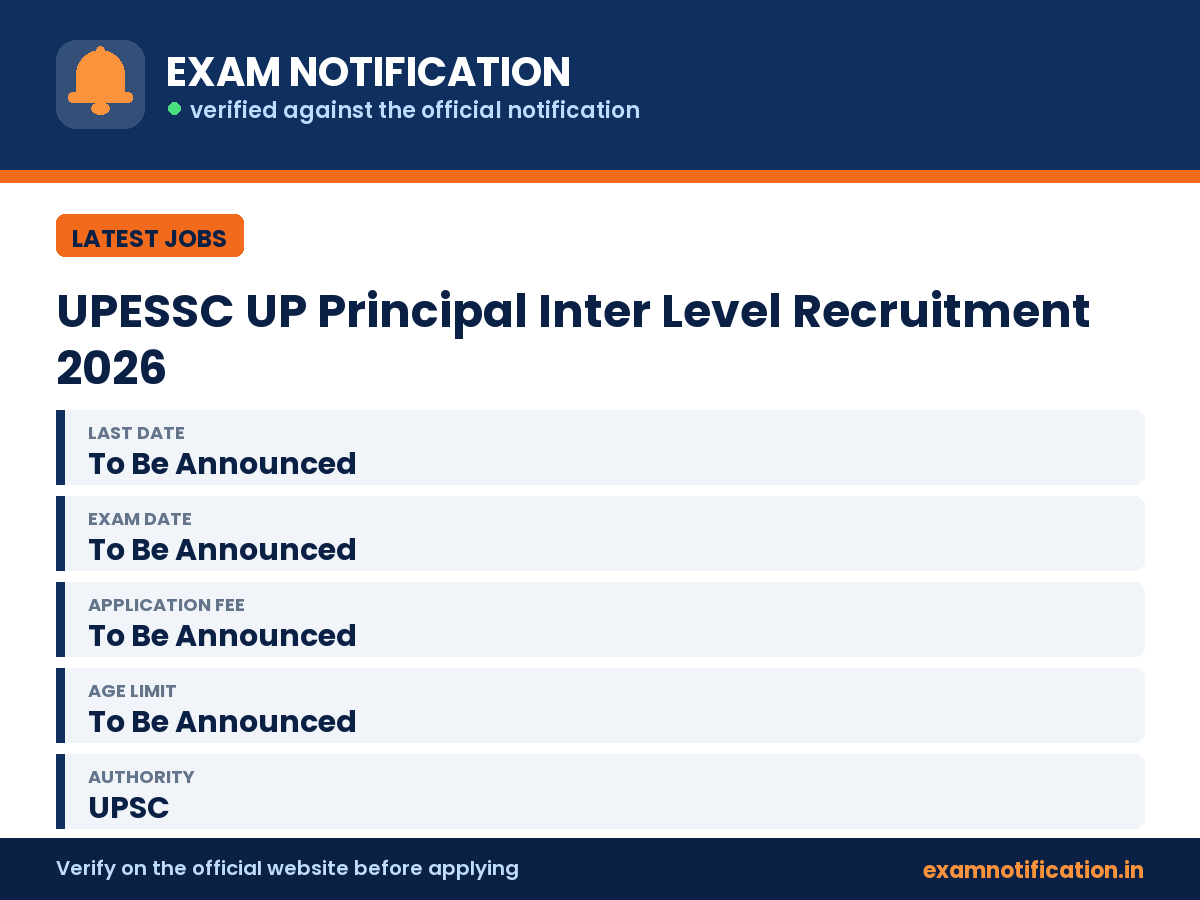 UPESSC UP Principal Inter Level Recruitment 2026 — key facts: last date To Be Announced